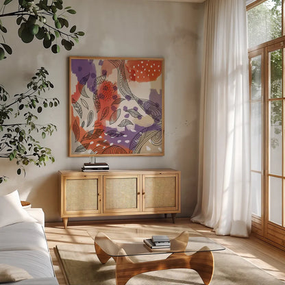 Bright Life III Red Yellow Line Crop by Mary Urban. Shown in a natural wood frame in a cozy modern living room. Available as an archival giclee rolled canvas, fine art paper, or poster print. SKU 37500a.