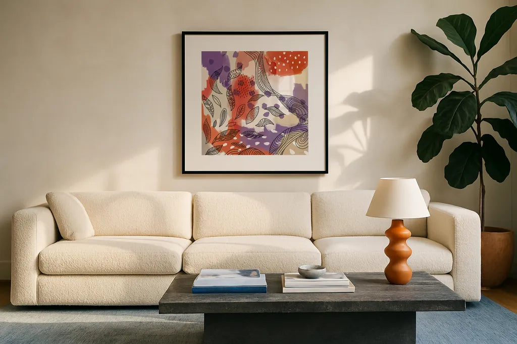 Bright Life III Red Yellow Line Crop by Mary Urban. Displayed in a glass frame with matte in a clean modern living room. Available as an archival giclee rolled canvas, fine art paper, or poster print. SKU 37500a.