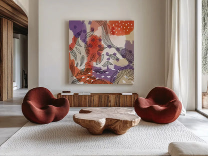 Bright Life III Red Yellow Line Crop by Mary Urban. Shown as extra-large giant wall art in a modern living room. Available as an archival giclee rolled canvas, fine art paper, or poster print. SKU 37500a.
