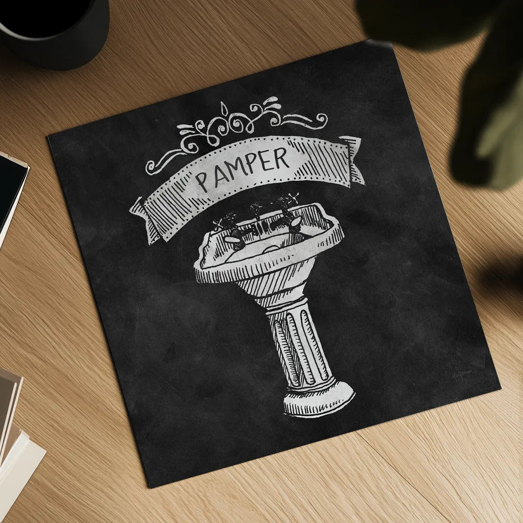 Chalkboard Bath Pamper by Mary Urban. Shown as a detailed flat fine art print, highlighting archival giclee quality. Available as an archival giclee rolled canvas, fine art paper, or poster print. SKU 16227a.