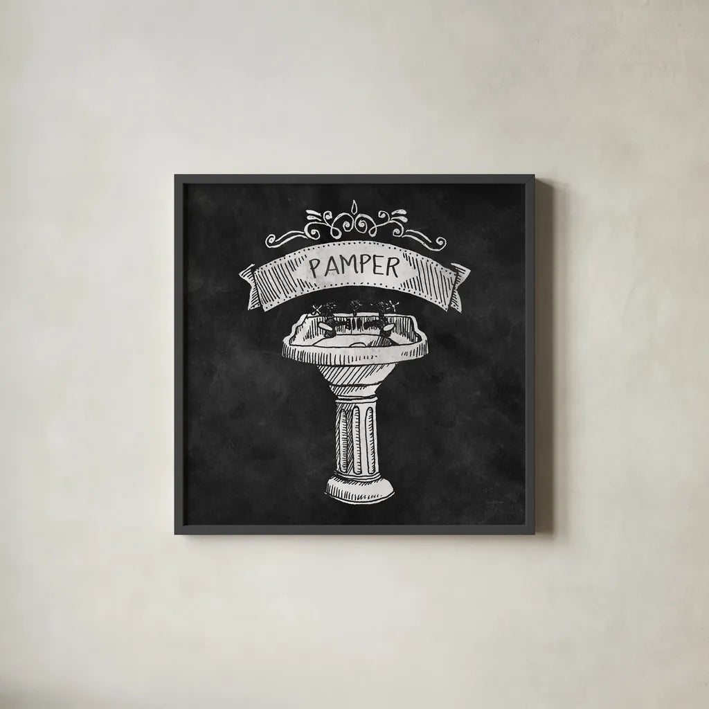 Chalkboard Bath Pamper by Mary Urban. Shown in a sleek black glass frame for a contemporary gallery look. Available as an archival giclee rolled canvas, fine art paper, or poster print. SKU 16227a.