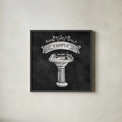 Chalkboard Bath Pamper by Mary Urban. Shown in a sleek black glass frame for a contemporary gallery look. Available as an archival giclee rolled canvas, fine art paper, or poster print. SKU 16227a.