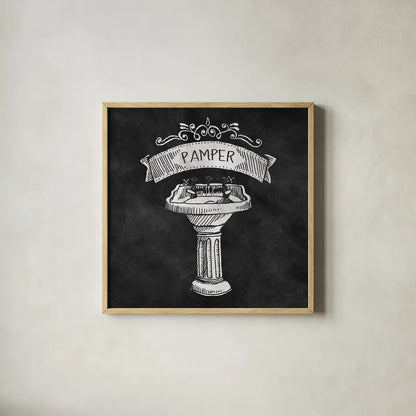 Chalkboard Bath Pamper by Mary Urban. Shown in a natural wood glass frame for a timeless modern aesthetic. Available as an archival giclee rolled canvas, fine art paper, or poster print. SKU 16227a.