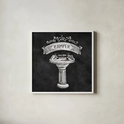 Chalkboard Bath Pamper by Mary Urban. Shown in a crisp white glass frame for a clean and minimalist style. Available as an archival giclee rolled canvas, fine art paper, or poster print. SKU 16227a.