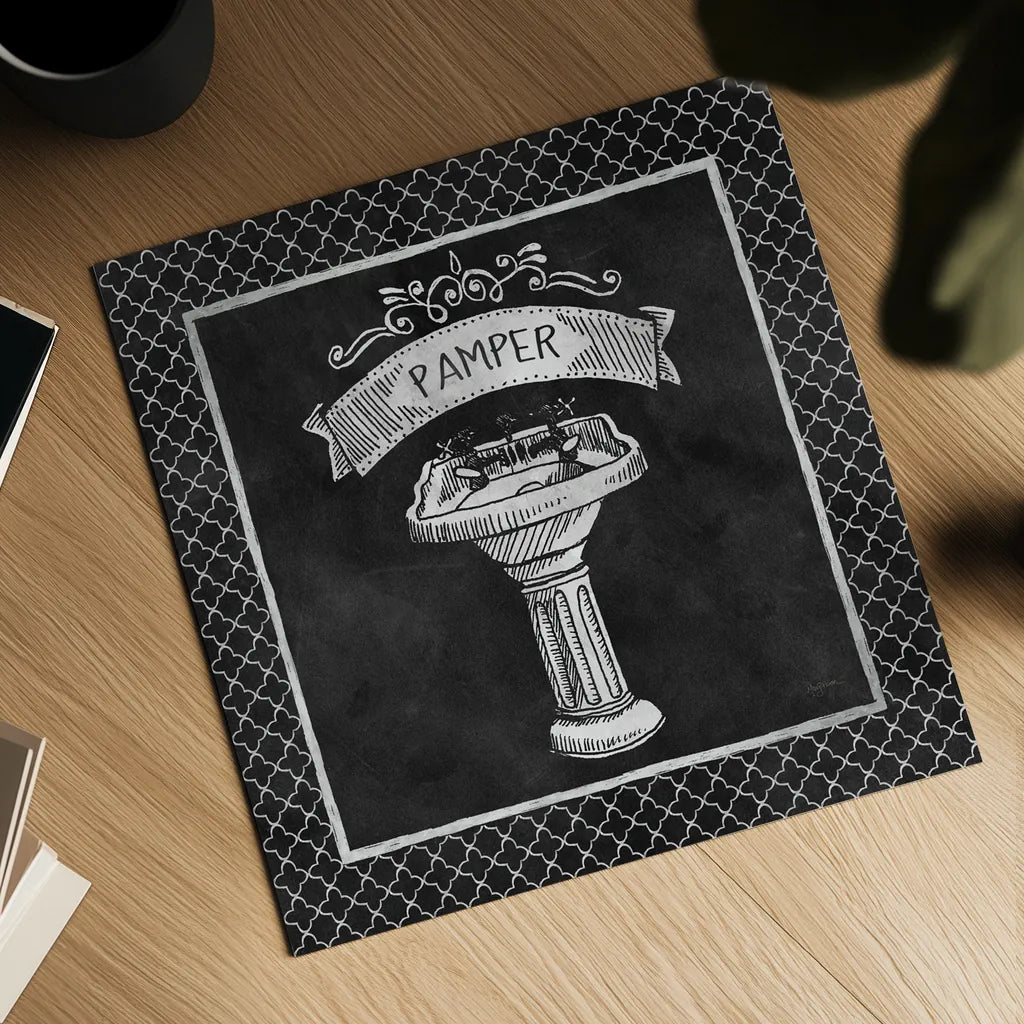 Chalkboard Bath Pamper Lattice Border by Mary Urban. Shown as a detailed flat fine art print, highlighting archival giclee quality. Available as an archival giclee rolled canvas, fine art paper, or poster print. SKU 38648a.