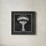 Chalkboard Bath Pamper Lattice Border by Mary Urban. Shown in a sleek black glass frame for a contemporary gallery look. Available as an archival giclee rolled canvas, fine art paper, or poster print. SKU 38648a.