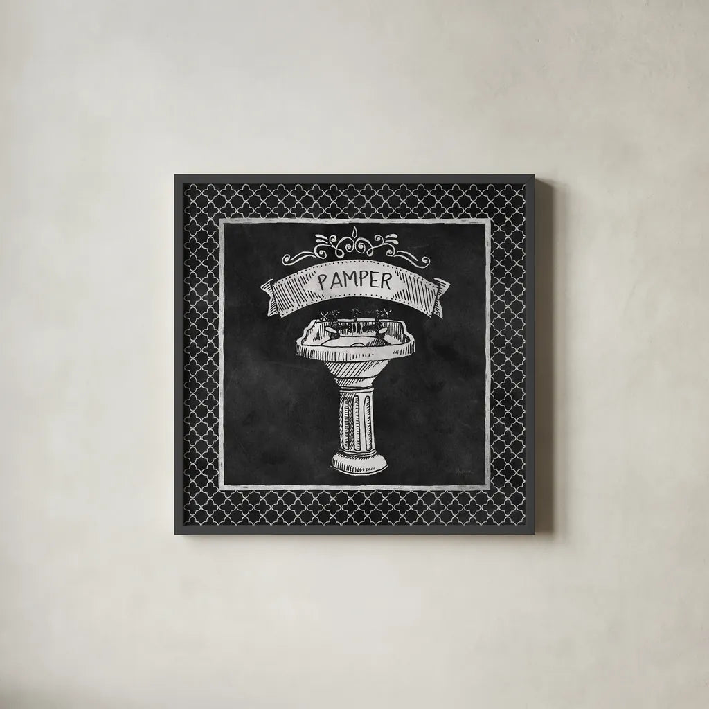 Chalkboard Bath Pamper Lattice Border by Mary Urban. Shown in a sleek black glass frame for a contemporary gallery look. Available as an archival giclee rolled canvas, fine art paper, or poster print. SKU 38648a.