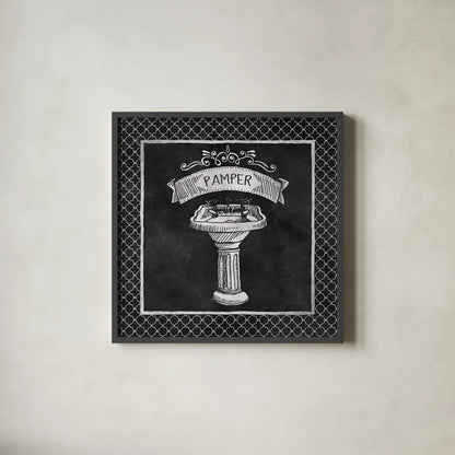 Chalkboard Bath Pamper Lattice Border by Mary Urban. Shown in a sleek black glass frame for a contemporary gallery look. Available as an archival giclee rolled canvas, fine art paper, or poster print. SKU 38648a.