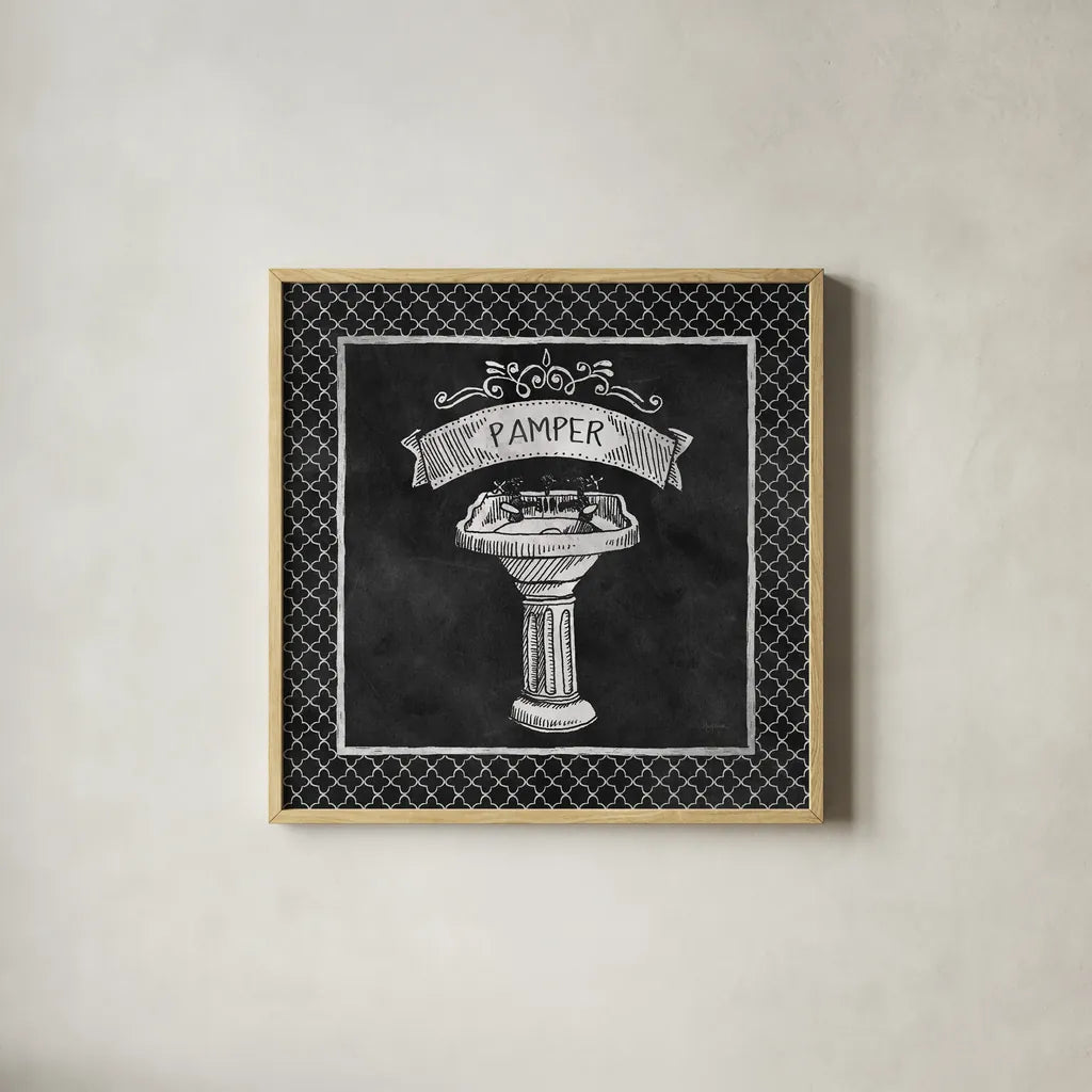 Chalkboard Bath Pamper Lattice Border by Mary Urban. Shown in a natural wood glass frame for a timeless modern aesthetic. Available as an archival giclee rolled canvas, fine art paper, or poster print. SKU 38648a.