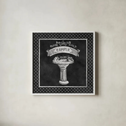 Chalkboard Bath Pamper Lattice Border by Mary Urban. Shown in a crisp white glass frame for a clean and minimalist style. Available as an archival giclee rolled canvas, fine art paper, or poster print. SKU 38648a.