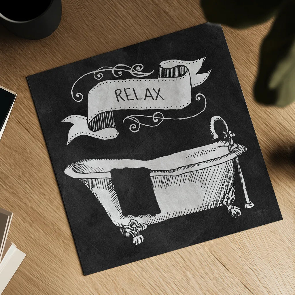 Chalkboard Bath Relax by Mary Urban. Shown as a detailed flat fine art print, highlighting archival giclee quality. Available as an archival giclee rolled canvas, fine art paper, or poster print. SKU 15956a.
