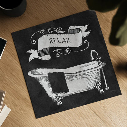 Chalkboard Bath Relax by Mary Urban. Shown as a detailed flat fine art print, highlighting archival giclee quality. Available as an archival giclee rolled canvas, fine art paper, or poster print. SKU 15956a.