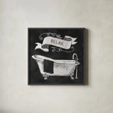 Chalkboard Bath Relax by Mary Urban. Shown in a sleek black glass frame for a contemporary gallery look. Available as an archival giclee rolled canvas, fine art paper, or poster print. SKU 15956a.