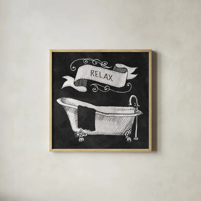 Chalkboard Bath Relax by Mary Urban. Shown in a natural wood glass frame for a timeless modern aesthetic. Available as an archival giclee rolled canvas, fine art paper, or poster print. SKU 15956a.
