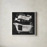 Chalkboard Bath Relax by Mary Urban. Shown in a crisp white glass frame for a clean and minimalist style. Available as an archival giclee rolled canvas, fine art paper, or poster print. SKU 15956a.