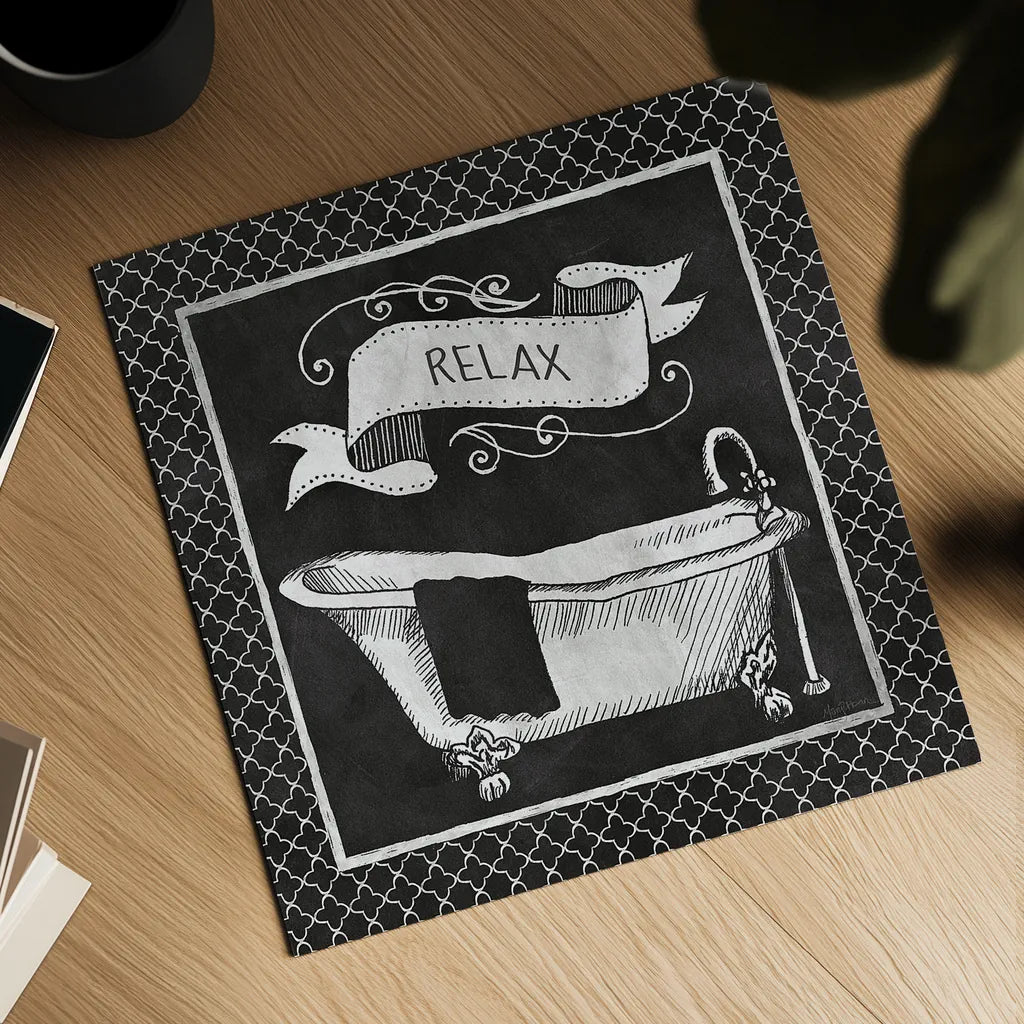 Chalkboard Bath Relax Lattice Border by Mary Urban. Shown as a detailed flat fine art print, highlighting archival giclee quality. Available as an archival giclee rolled canvas, fine art paper, or poster print. SKU 38646a.