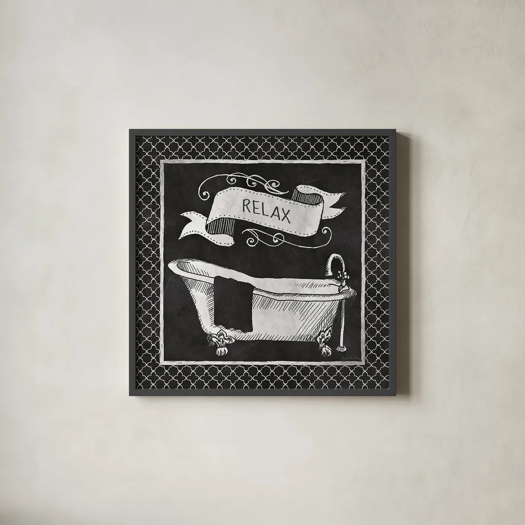 Chalkboard Bath Relax Lattice Border by Mary Urban. Shown in a sleek black glass frame for a contemporary gallery look. Available as an archival giclee rolled canvas, fine art paper, or poster print. SKU 38646a.
