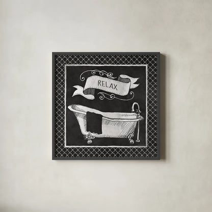 Chalkboard Bath Relax Lattice Border by Mary Urban. Shown in a sleek black glass frame for a contemporary gallery look. Available as an archival giclee rolled canvas, fine art paper, or poster print. SKU 38646a.