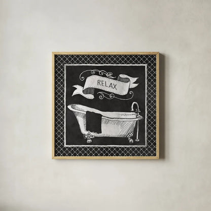 Chalkboard Bath Relax Lattice Border by Mary Urban. Shown in a natural wood glass frame for a timeless modern aesthetic. Available as an archival giclee rolled canvas, fine art paper, or poster print. SKU 38646a.