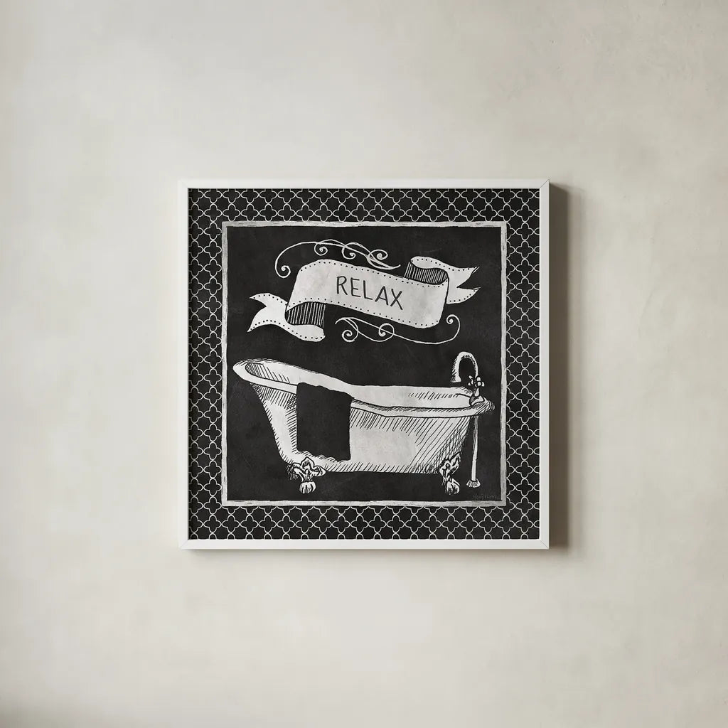 Chalkboard Bath Relax Lattice Border by Mary Urban. Shown in a crisp white glass frame for a clean and minimalist style. Available as an archival giclee rolled canvas, fine art paper, or poster print. SKU 38646a.
