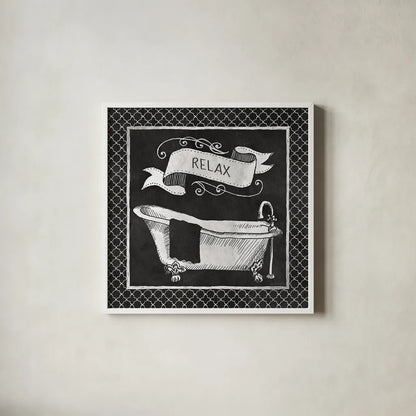 Chalkboard Bath Relax Lattice Border by Mary Urban. Shown in a crisp white glass frame for a clean and minimalist style. Available as an archival giclee rolled canvas, fine art paper, or poster print. SKU 38646a.