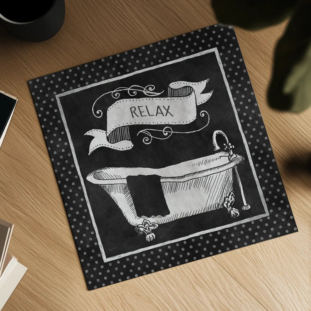 Chalkboard Bath Relax Polka Dot Border by Mary Urban. Shown as a detailed flat fine art print, highlighting archival giclee quality. Available as an archival giclee rolled canvas, fine art paper, or poster print. SKU 14908a.