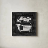 Chalkboard Bath Relax Polka Dot Border by Mary Urban. Shown in a sleek black glass frame for a contemporary gallery look. Available as an archival giclee rolled canvas, fine art paper, or poster print. SKU 14908a.
