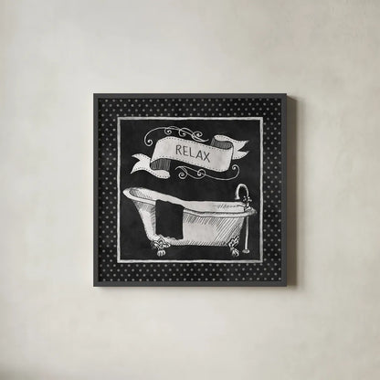 Chalkboard Bath Relax Polka Dot Border by Mary Urban. Shown in a sleek black glass frame for a contemporary gallery look. Available as an archival giclee rolled canvas, fine art paper, or poster print. SKU 14908a.