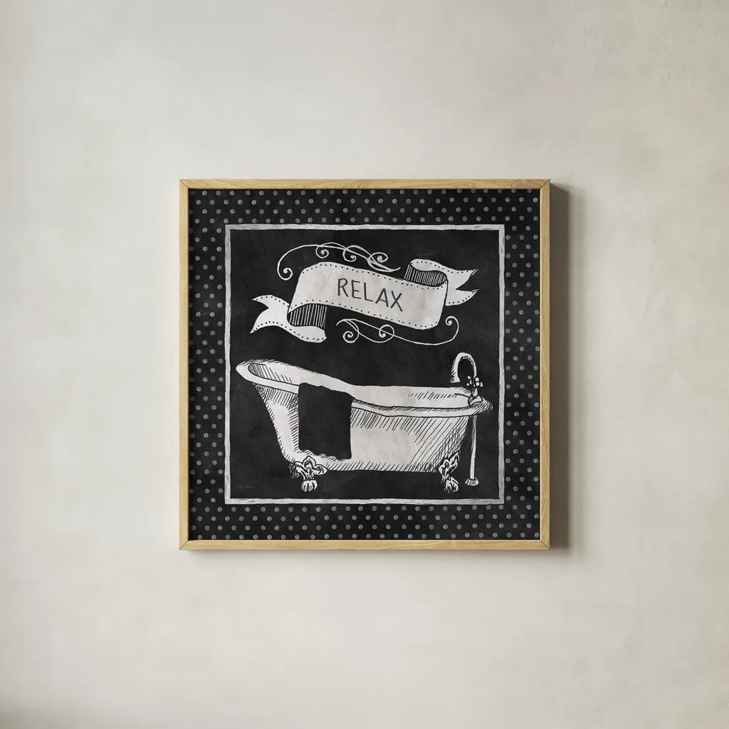 Chalkboard Bath Relax Polka Dot Border by Mary Urban. Shown in a natural wood glass frame for a timeless modern aesthetic. Available as an archival giclee rolled canvas, fine art paper, or poster print. SKU 14908a.