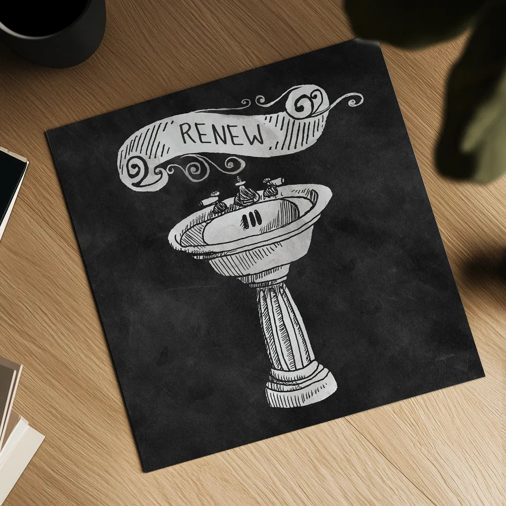 Chalkboard Bath Renew by Mary Urban. Shown as a detailed flat fine art print, highlighting archival giclee quality. Available as an archival giclee rolled canvas, fine art paper, or poster print. SKU 15957a.