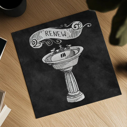 Chalkboard Bath Renew by Mary Urban. Shown as a detailed flat fine art print, highlighting archival giclee quality. Available as an archival giclee rolled canvas, fine art paper, or poster print. SKU 15957a.