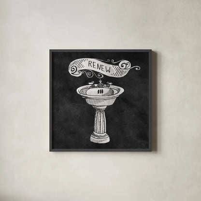 Chalkboard Bath Renew by Mary Urban. Shown in a sleek black glass frame for a contemporary gallery look. Available as an archival giclee rolled canvas, fine art paper, or poster print. SKU 15957a.
