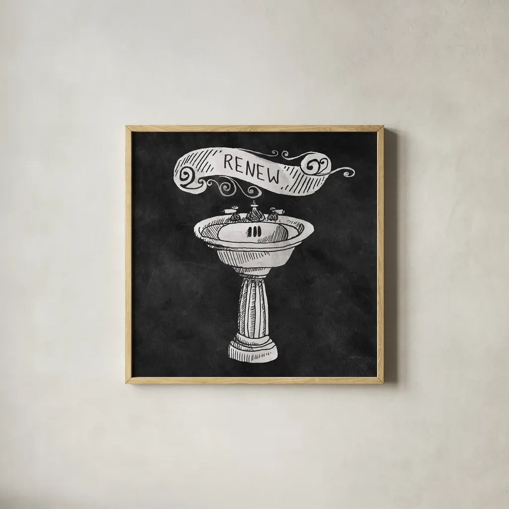 Chalkboard Bath Renew by Mary Urban. Shown in a natural wood glass frame for a timeless modern aesthetic. Available as an archival giclee rolled canvas, fine art paper, or poster print. SKU 15957a.