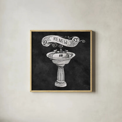 Chalkboard Bath Renew by Mary Urban. Shown in a natural wood glass frame for a timeless modern aesthetic. Available as an archival giclee rolled canvas, fine art paper, or poster print. SKU 15957a.