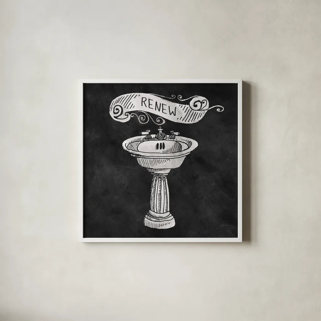 Chalkboard Bath Renew by Mary Urban. Shown in a crisp white glass frame for a clean and minimalist style. Available as an archival giclee rolled canvas, fine art paper, or poster print. SKU 15957a.