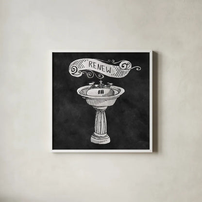 Chalkboard Bath Renew by Mary Urban. Shown in a crisp white glass frame for a clean and minimalist style. Available as an archival giclee rolled canvas, fine art paper, or poster print. SKU 15957a.