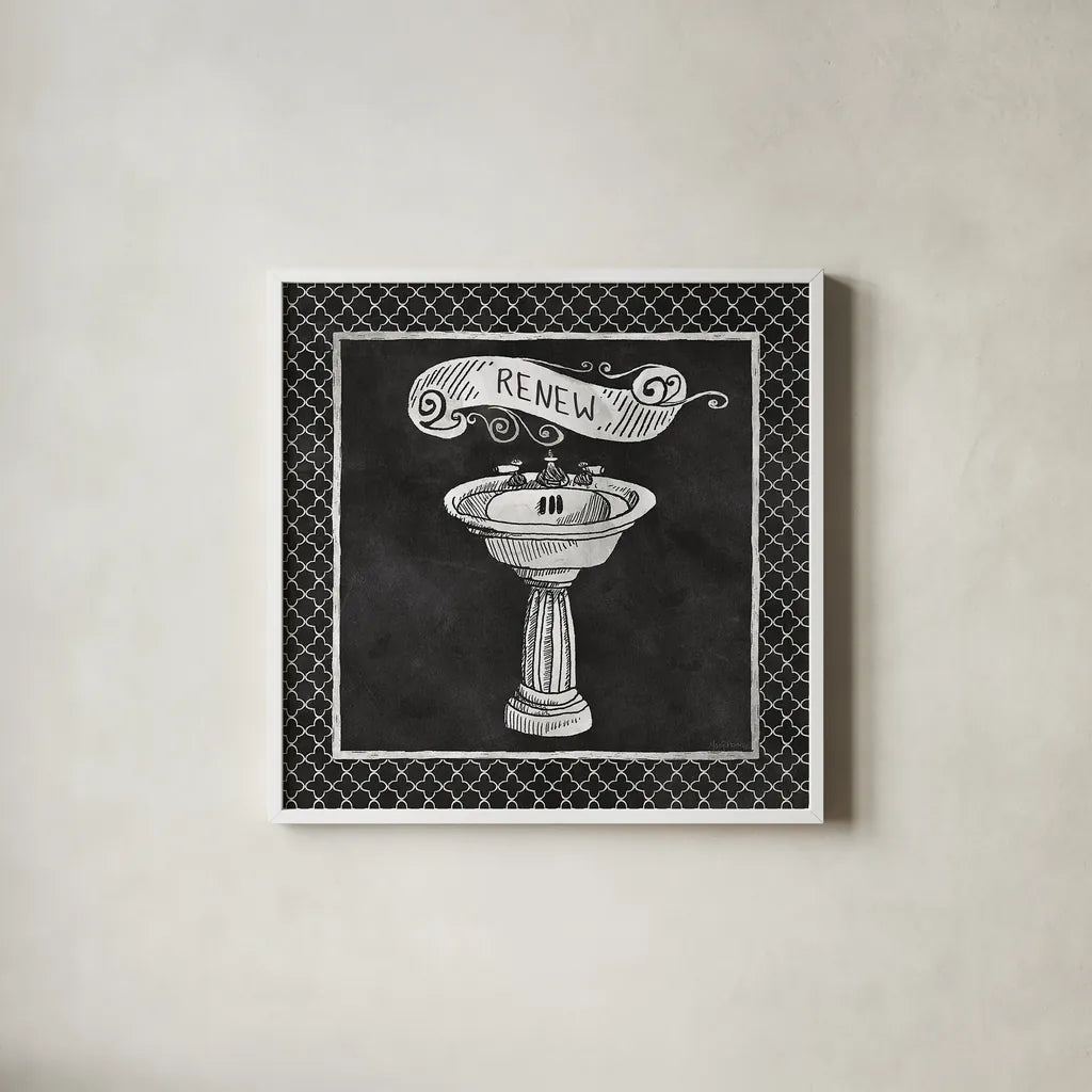 Chalkboard Bath Renew Lattice Border by Mary Urban. Shown in a crisp white glass frame for a clean and minimalist style. Available as an archival giclee rolled canvas, fine art paper, or poster print. SKU 38645a.