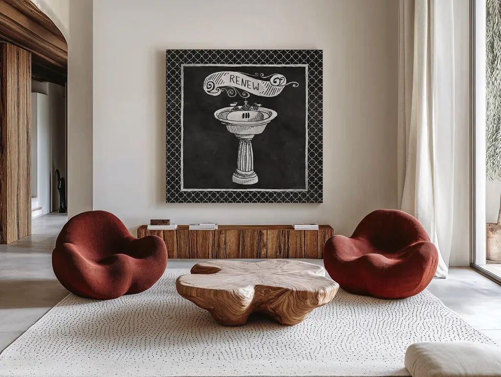 Chalkboard Bath Renew Lattice Border by Mary Urban. Shown as extra-large giant wall art in a modern living room. Available as an archival giclee rolled canvas, fine art paper, or poster print. SKU 38645a.