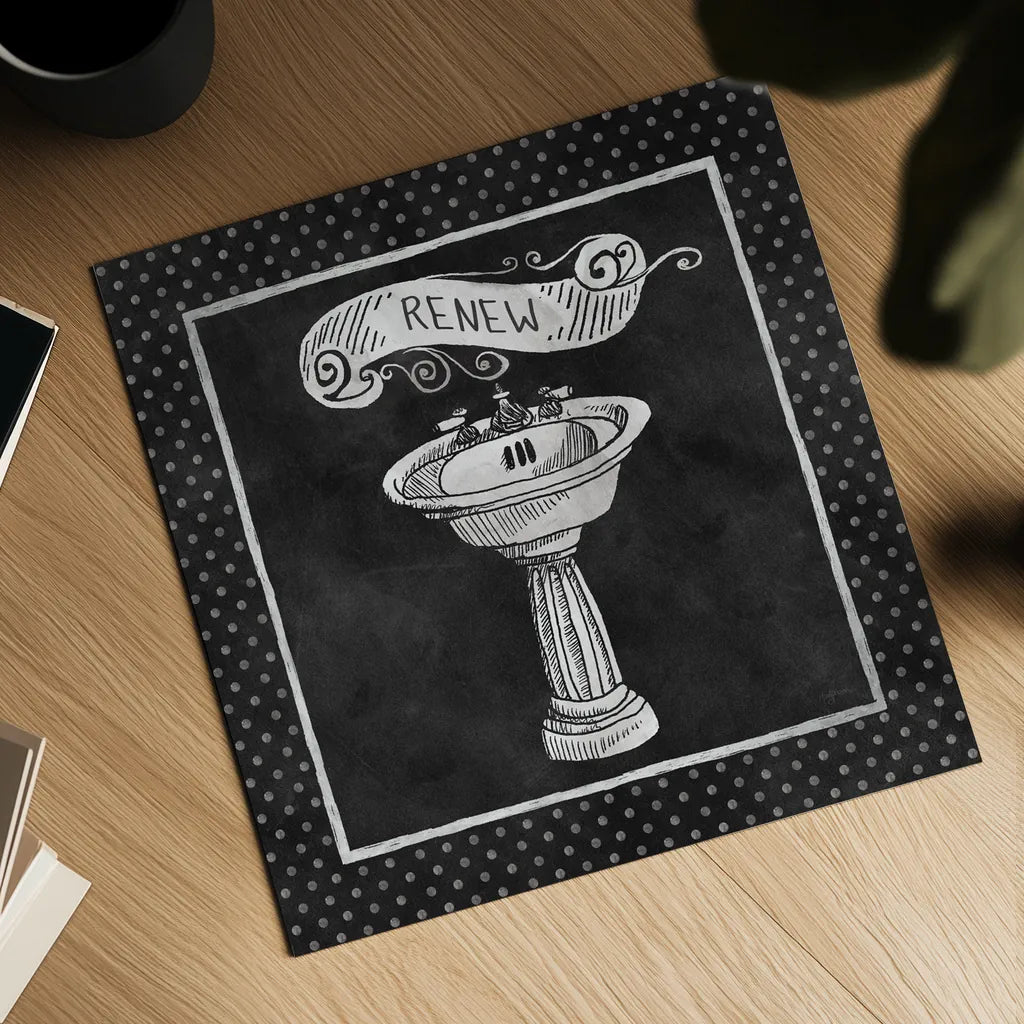 Chalkboard Bath Renew Polka Dot Border by Mary Urban. Shown as a detailed flat fine art print, highlighting archival giclee quality. Available as an archival giclee rolled canvas, fine art paper, or poster print. SKU 14909a.