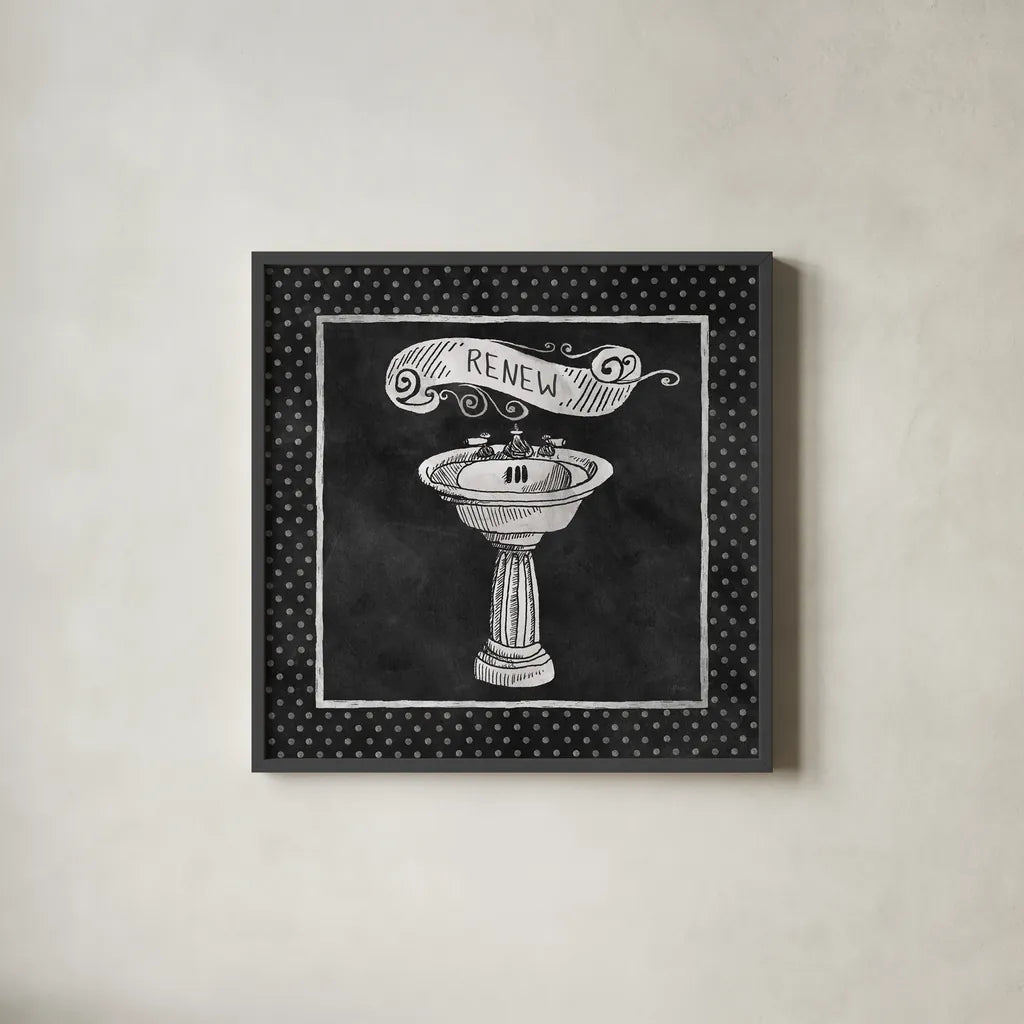 Chalkboard Bath Renew Polka Dot Border by Mary Urban. Shown in a sleek black glass frame for a contemporary gallery look. Available as an archival giclee rolled canvas, fine art paper, or poster print. SKU 14909a.