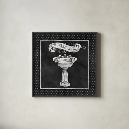 Chalkboard Bath Renew Polka Dot Border by Mary Urban. Shown in a sleek black glass frame for a contemporary gallery look. Available as an archival giclee rolled canvas, fine art paper, or poster print. SKU 14909a.