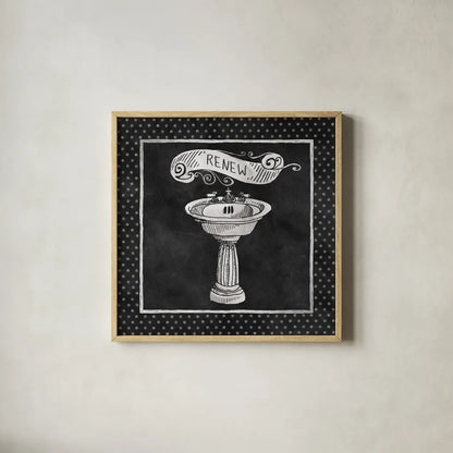 Chalkboard Bath Renew Polka Dot Border by Mary Urban. Shown in a natural wood glass frame for a timeless modern aesthetic. Available as an archival giclee rolled canvas, fine art paper, or poster print. SKU 14909a.