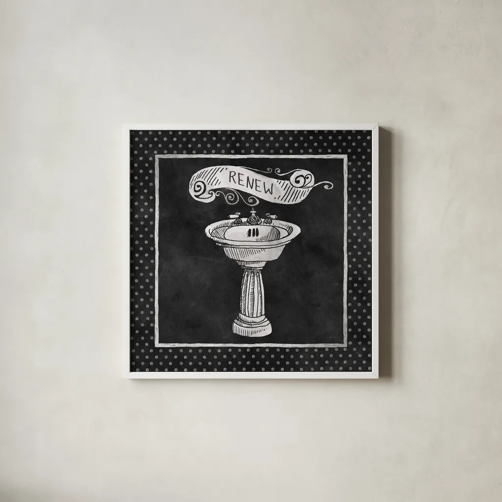 Chalkboard Bath Renew Polka Dot Border by Mary Urban. Shown in a crisp white glass frame for a clean and minimalist style. Available as an archival giclee rolled canvas, fine art paper, or poster print. SKU 14909a.