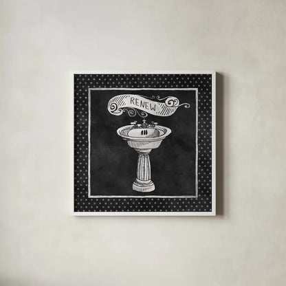 Chalkboard Bath Renew Polka Dot Border by Mary Urban. Shown in a crisp white glass frame for a clean and minimalist style. Available as an archival giclee rolled canvas, fine art paper, or poster print. SKU 14909a.