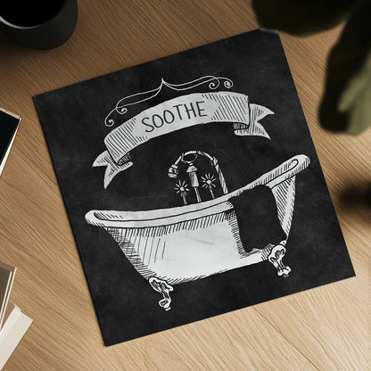 Chalkboard Bath Soothe by Mary Urban. Shown as a detailed flat fine art print, highlighting archival giclee quality. Available as an archival giclee rolled canvas, fine art paper, or poster print. SKU 15958a.