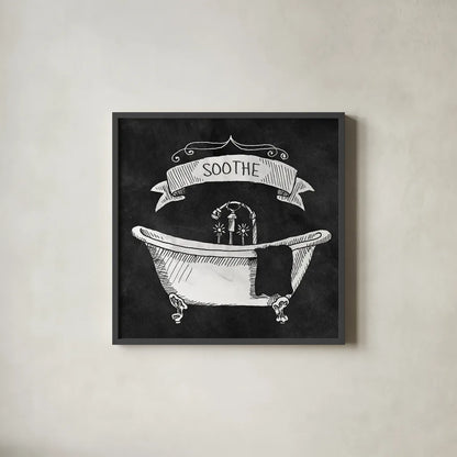 Chalkboard Bath Soothe by Mary Urban. Shown in a sleek black glass frame for a contemporary gallery look. Available as an archival giclee rolled canvas, fine art paper, or poster print. SKU 15958a.