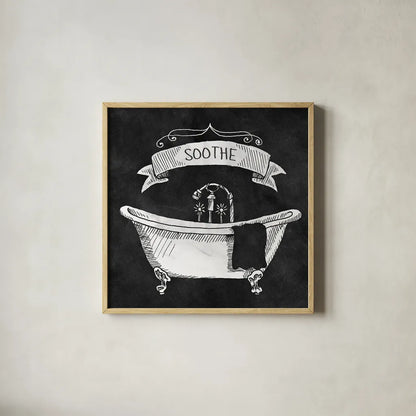 Chalkboard Bath Soothe by Mary Urban. Shown in a natural wood glass frame for a timeless modern aesthetic. Available as an archival giclee rolled canvas, fine art paper, or poster print. SKU 15958a.