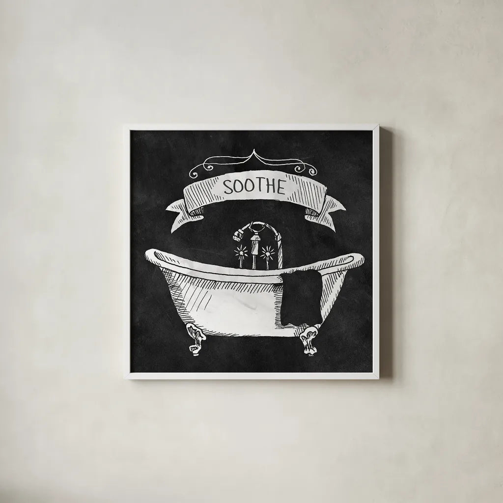 Chalkboard Bath Soothe by Mary Urban. Shown in a crisp white glass frame for a clean and minimalist style. Available as an archival giclee rolled canvas, fine art paper, or poster print. SKU 15958a.