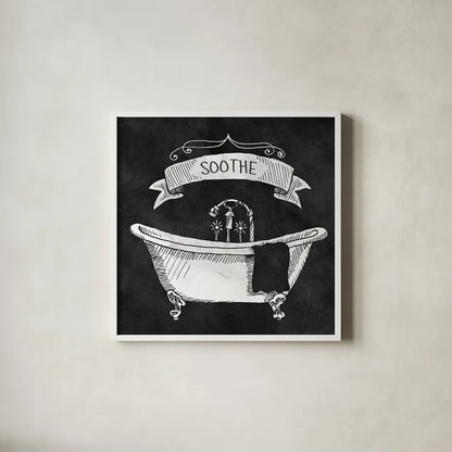 Chalkboard Bath Soothe by Mary Urban. Shown in a crisp white glass frame for a clean and minimalist style. Available as an archival giclee rolled canvas, fine art paper, or poster print. SKU 15958a.