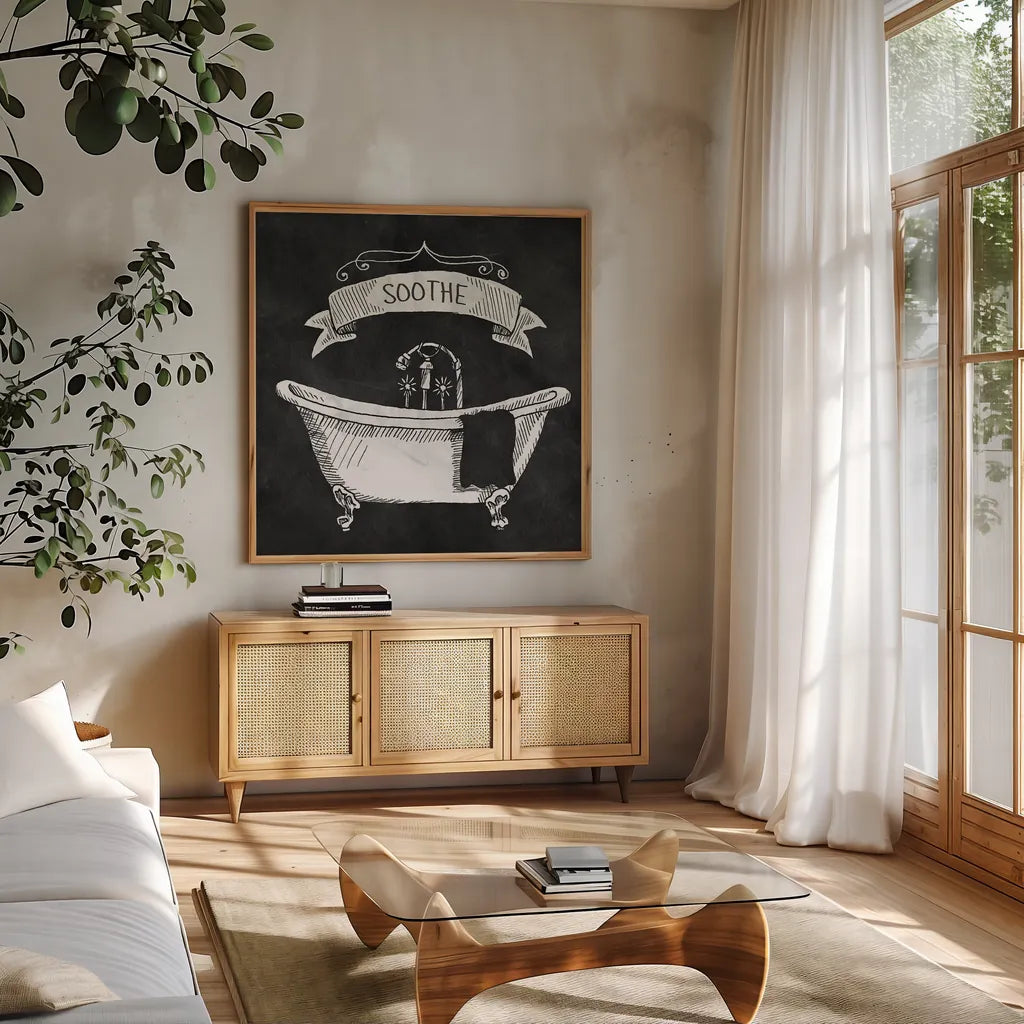 Chalkboard Bath Soothe by Mary Urban. Shown in a natural wood frame in a cozy modern living room. Available as an archival giclee rolled canvas, fine art paper, or poster print. SKU 15958a.